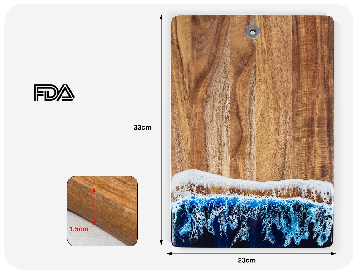 Handmade Acacia Wood & Epoxy Ocean Design Cutting Board – 33×23×1.5cm